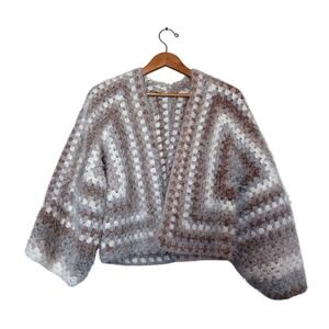 Handmade Crochet Hexagon Cardigan Fuzzy Eyelash Yarn Neutral Brown Cream Boho OS